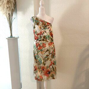 Maggy London One Shoulder Floral Satin Midi Dress